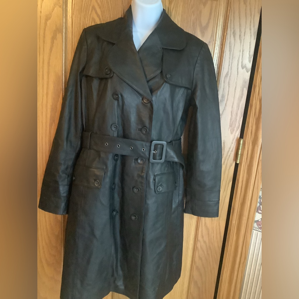 Genuine Leather Black Trench Coat. Sz M